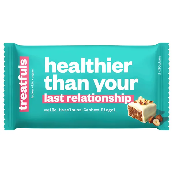 Ekologiškas lazdyno riešutų ir baltojo šokolado batonėlis HEALTHIER THAN YOUR LAST RELATIONSHIP TREATFULS su saldikliu, 2 x 20 g