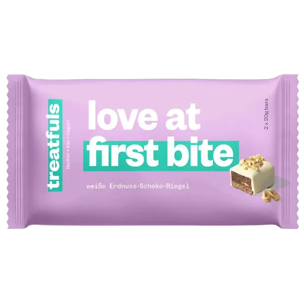 Ekologiškas žemės riešutų ir baltojo šokolado batonėlis LOVE AT FIRST BITE TREATFULS be glitimo, su saldikliu, 2 x 20 g