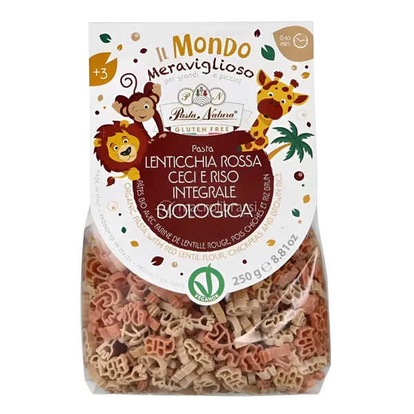 Ekologiški raudonųjų lęšių, avinžirnių ir pilno grūdo ryžių makaronai vaikams SAVANA PASTA NATURA be glitimo, 250 g