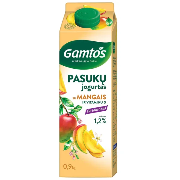 GAMTOS pasukų jogurtas su mangais ir vitaminu D, be laktozės, 1,2 % rieb., 900 g