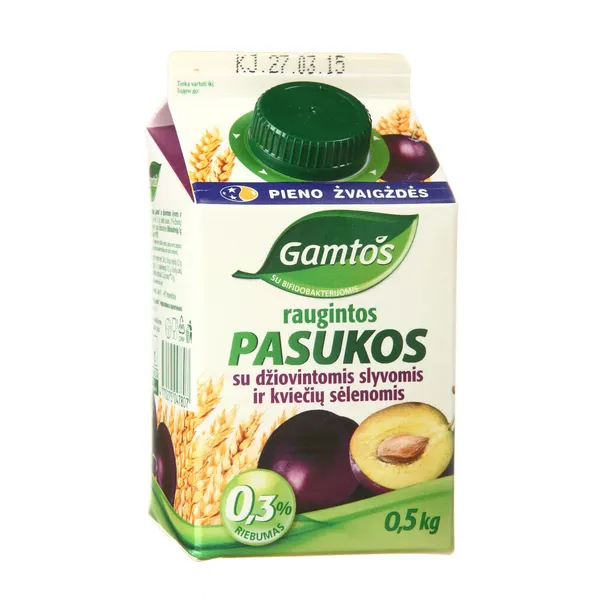 GAMTOS raugintos pasukos su džiovintomis slyvomis ir kviečių sėlenomis, 0,3 % rieb., 0,5 kg