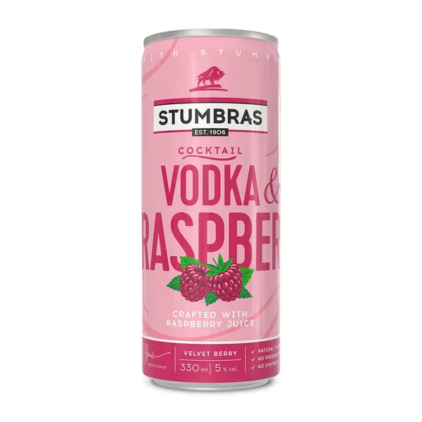Gazuotas alkoholinis kokteilis STUMBRAS Vodka & Raspberry 5% 0,33L