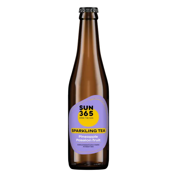 Gazuotas gaivusis gėrimas SPARKLING TEA PINEAPPLE & PASSION FRUIT SUN365, 330 ml