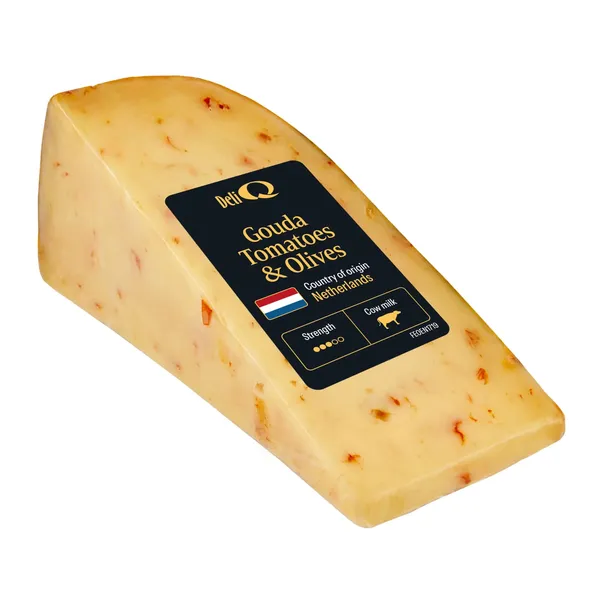 GOUDA sūris su alyvuogėmis ir pomidorais DELI Q, 130 g