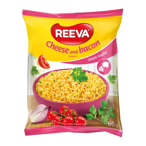 Greitai paruošiami makaronai su sūrio ir šoninės skoniu REEVA, 60 g