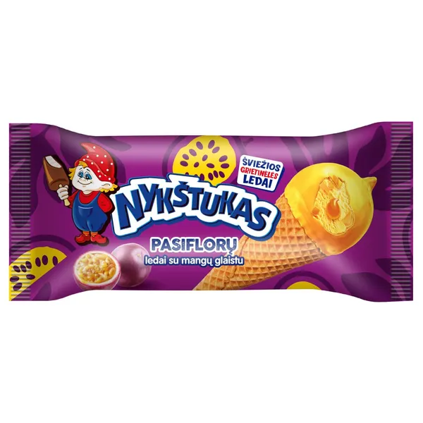 Grietininiai valgomieji ledai NYKŠTUKAS su pasifloromis ir mangų glaistu vafliniame ragelyje, 150 ml / 93 g