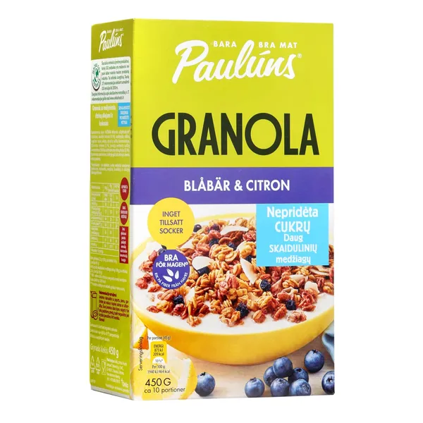 Granola PAULUNS su mėlynėmis, citrinų aliejumi ir kokosais, 450 g