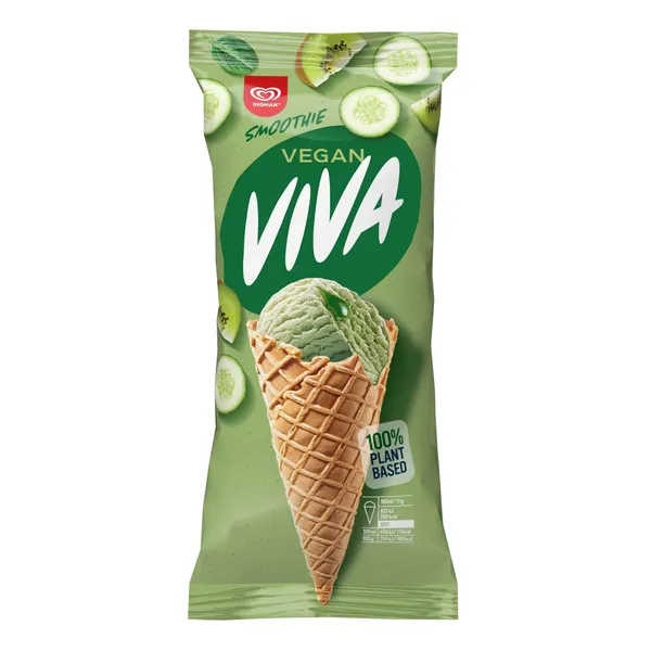 Augalinės kilmės GREEN SMOOTHIE skonio valgomieji ledai su kivių, citrinų, mėtų įdaru vafliniame ragelyje SUPER VIVA, 170 ml