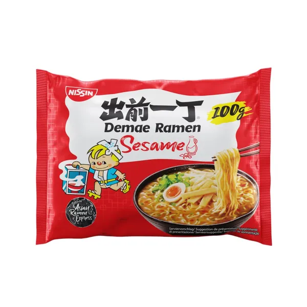 Greitai paruošiama azijietiško stiliaus sezamų skonio sriuba su makaronais NISSIN DEMAE RAMEN, 100 g