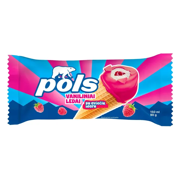 Grietininiai vaniliniai valgomieji ledai POLS su aviečių įdaru ir aviečių glaistu vafliniame kūgyje, 150 ml / 90 g