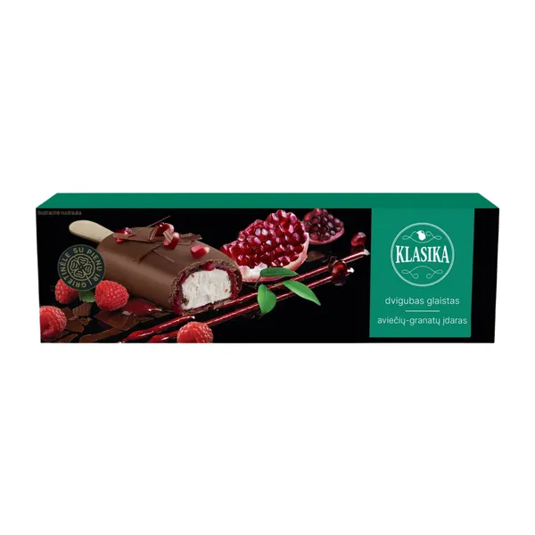 Valgomieji vaniliniai grietininiai ledai su aviečių, granatų įdaru ir šokolado glaistu KLASIKA, 70 g / 82 ml