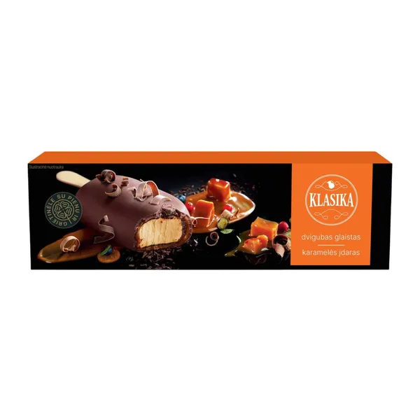 Valgomieji karameliniai grietininiai ledai su karameliniu įdaru ir šokolado glaistu KLASIKA, 70 g / 82 ml