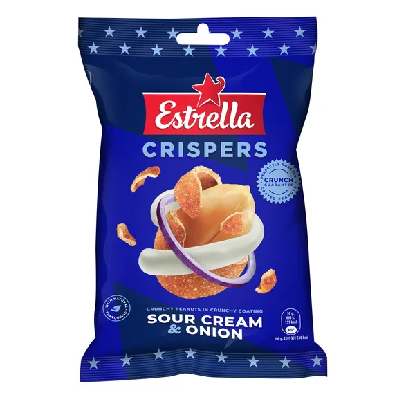 Kepinti grietinės ir svogūnų skonio žemės riešutai su traškia luobele ESTRELLA, 140 g
