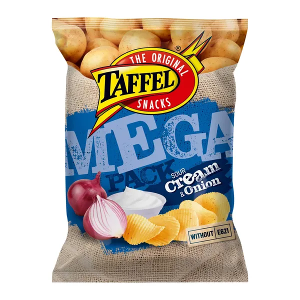 Grietinės ir svogūnų skonio bulvių traškučiai TAFFEL Mega Pack, 250 g