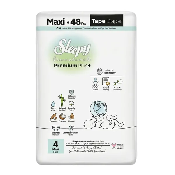 Hipoalerginės sauskelnė SLEEPY BIO NATURAL MAXI, 7 - 14 kg, 48 vnt.