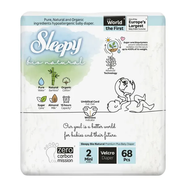 Hipoalerginės sauskelnė SLEEPY BIO NATURAL MINI, 3 - 6 kg, 68 vnt.