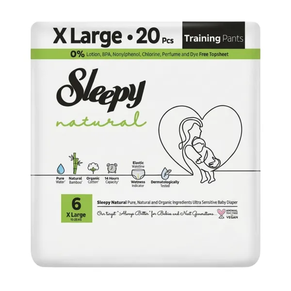 Hipoalerginės sauskelnės kelnaitės SLEEPY NATURAL XL, 15 – 25 kg, 20 vnt.