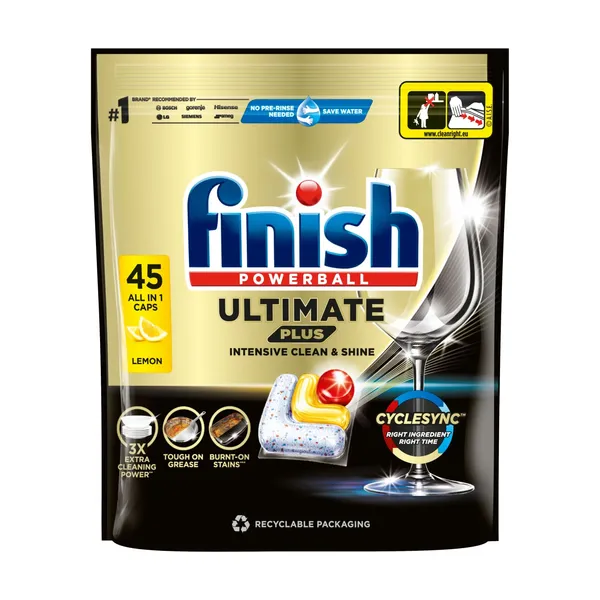 Indaplovių kapsulės FINISH POWERBALL ULTIMATE PLUS LEMON, 45 vnt.