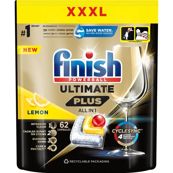 Indaplovių kapsulės FINISH POWERBALL ULTIMATE PLUS LEMON, 62 vnt.