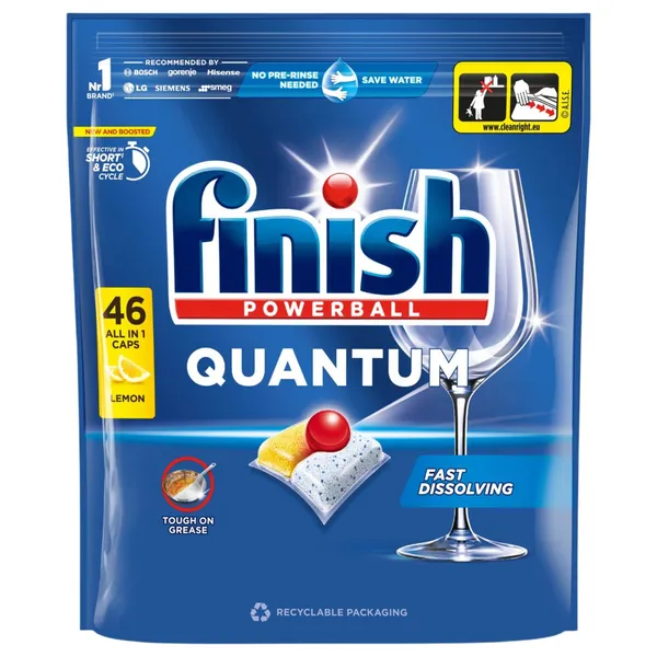Citrinų kvapo indaplovių indų ploviklio kapsulės FINISH POWERBALL QUANTUM LEMON, 46 vnt