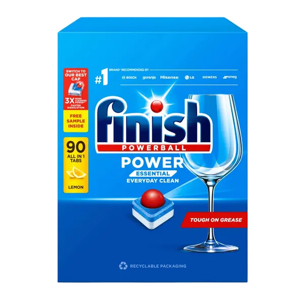 Citrinų kvapo indaplovių indų ploviklio tabletės FINISH POWERBALL POWER ESSENTIAL, 90 vnt ir dovana indaplovių indų ploviklio kapsulės FINISH POWERBALL ULTIMATE ALL IN 1, 2 vnt