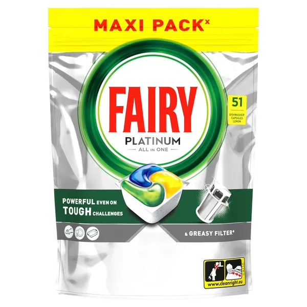 Indų plovimo kapsulės FAIRY PLATINUM LEMON, 51 vnt.