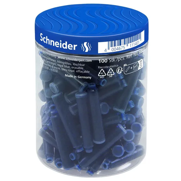 Ištrinamos mėlynos rašalo kasetės SCHNEIDER, 100 vnt.