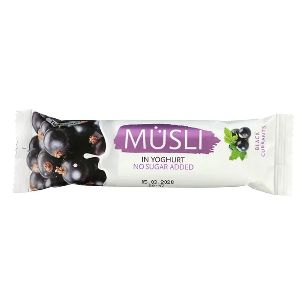 Javainis su jogurtiniu glaistu, juodųjų serbentų skonio MUSLI, su saldikliais, 30 g