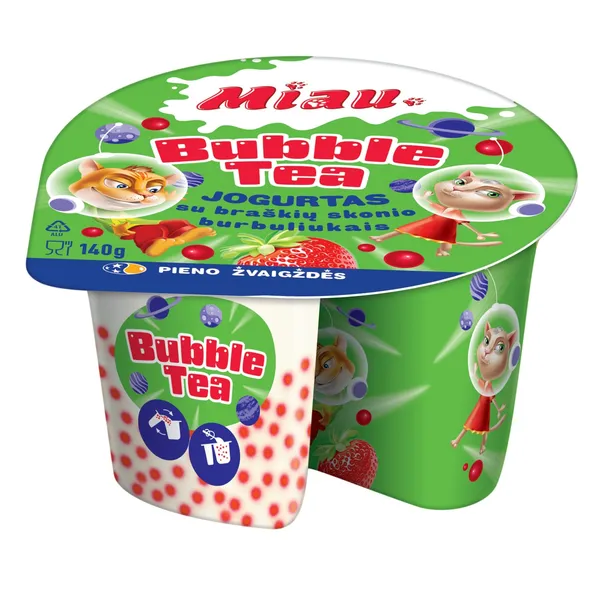 Jogurtas MIAU BUBBLE TEA su braškių ir juodosios arbatos skonio burbuliukais, 3,0 % rieb., 140 g