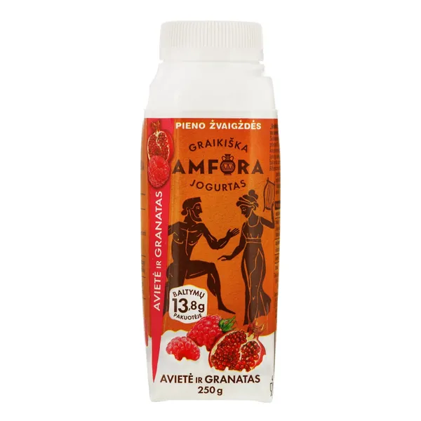Graikiškas jogurtas su avietėmis ir granatais GRAIKIŠKA AMFORA, 2,4 % rieb., 250 g