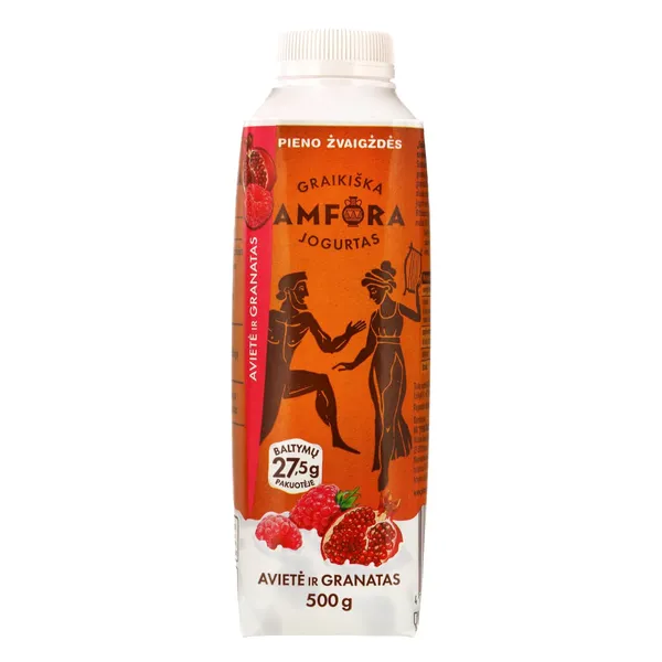 Graikiškas jogurtas su avietėmis ir granatais GRAIKIŠKA AMFORA, 2,4 % rieb., 500 g