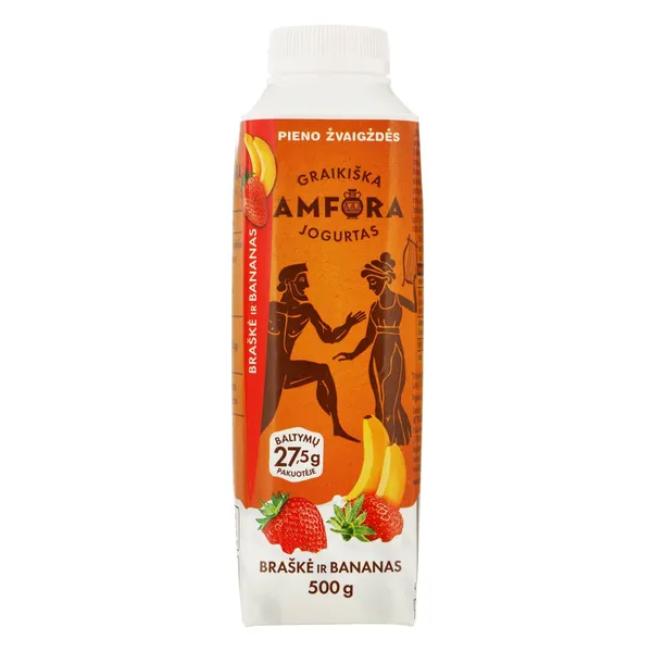 Graikiškas jogurtas su braškėmis ir bananais GRAIKIŠKA AMFORA, 2,4 % rieb., 500 g