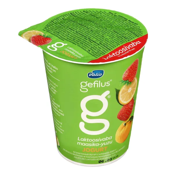 Jogurtas su braškėmis ir YUZU kvapiaisiais mandarinais, be laktozės VALIO GEFILUS, 2,1 % rieb., 380 g