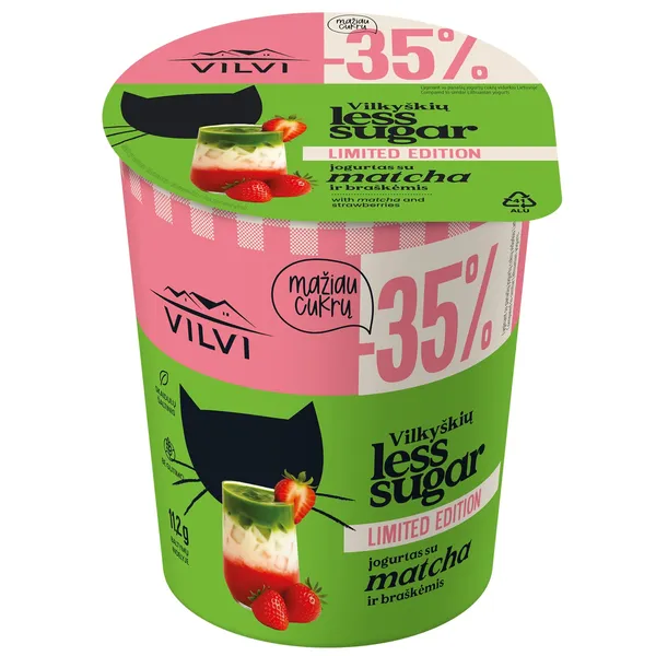 Jogurtas braškinės Matcha skonio VILVI VILKYŠKIŲ LESS SUGAR LIMITED EDITION, 350 g