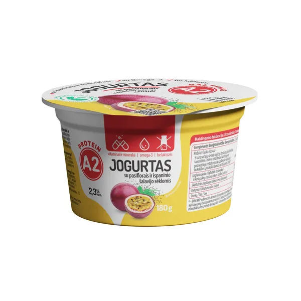 Jogurtas iš A2 pieno be laktozės su pasiflorais ir ispaninio šalavijo sėklomis, vitaminais, mineralais ir omega-3 riebalų rūgštimis, 2,3 % rieb., 180 g