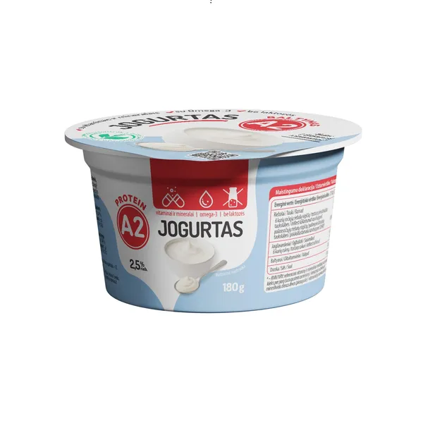 Jogurtas iš A2 pieno be laktozės su vitaminais, mineralais ir omega-3 riebalų rūgštimis, 2,5 % rieb., 180 g