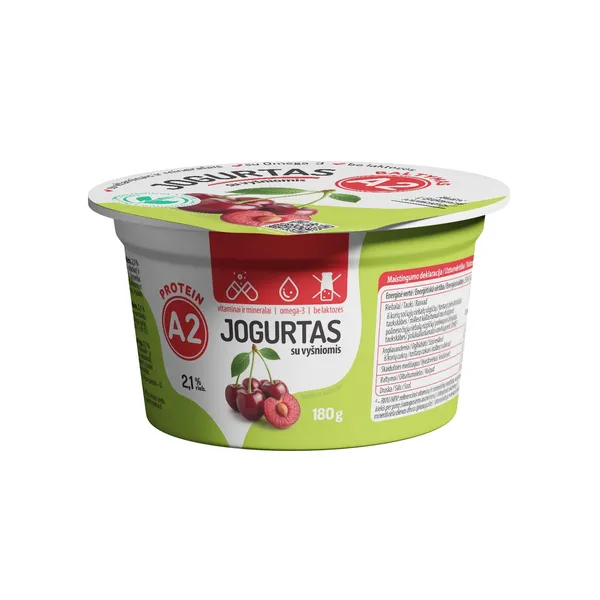 Jogurtas iš A2 pieno be laktozės su vyšniomis, vitaminais, mineralais ir omega-3 riebalų rūgštimis, 2,1 % rieb., 180 g