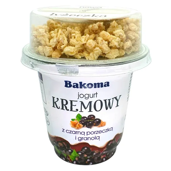 Kreminis jogurtas su juodaisiais serbentais ir granola tipo javainiais BAKOMA 230g