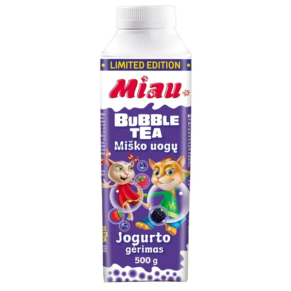 Jogurto gėrimas MIAU su miško uogomis ir Bubble tea burbuliukais, 1,3 % rieb., 500 g