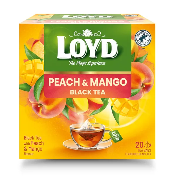 Aromatizuota juodoji arbata su mangais ir persikais maišeliuose LOYD, 20 x 1,7 g