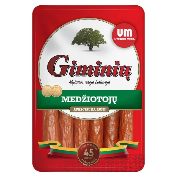 Karštai rūkytos GIMINIŲ medžiotojų dešrelės UTENOS MĖSA, a.r., 250 g