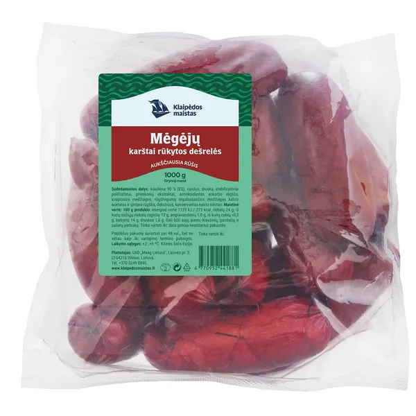 Karštai rūkytos KLAIPĖDOS MAISTAS MĖGĖJŲ dešrelės, II r., 1 kg