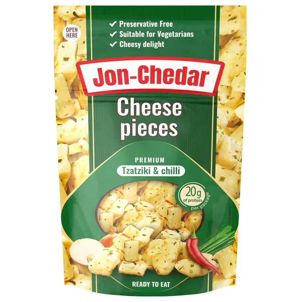 Kepti sūrio gabaliukai TZATZIKI, CHILLI JON-CHEDAR, 42 % rieb. s. m., 80 g