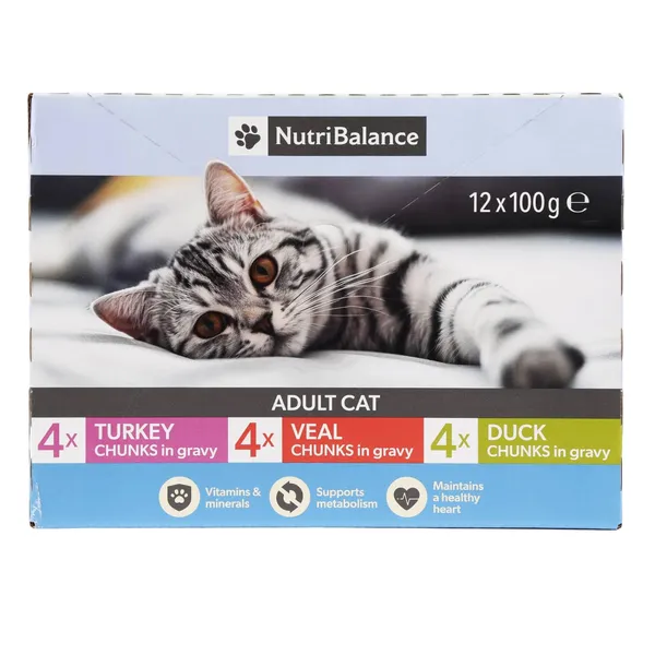 Kačių ėdalas su kalakutienos, veršienos ir antienos gabalėliais padaže NUTRIBALANCE, 12x100 g