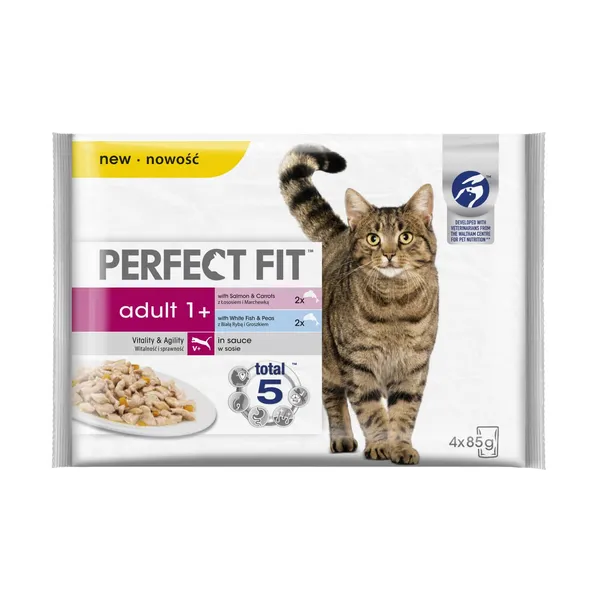 Kačių ėdalas PERFECT FIT konservuotas kačių ėdalas, su lašiša ir morkomis/su balta žuvimi ir žirneliais 4x85g