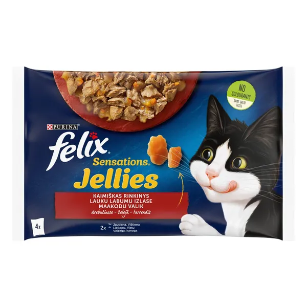 Kačių ėdalas FELIX SENSATIONS JELLIES su mėsa drebučiuose, 4x85 g