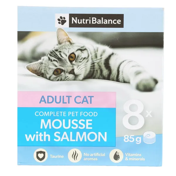 Kačių ėdalas NUTRIBALANCE putėsiai su lašiša, 8 x 85 g