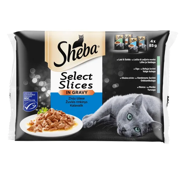 Kačių ėdalas su žuvimis SHEBA, 4 x 85 g, 340 g