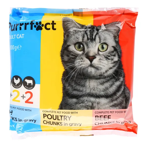 Kačių ėdalas su žuvimi, paukštiena ir jautiena padaže PURRRFECT, 6 x 100 g