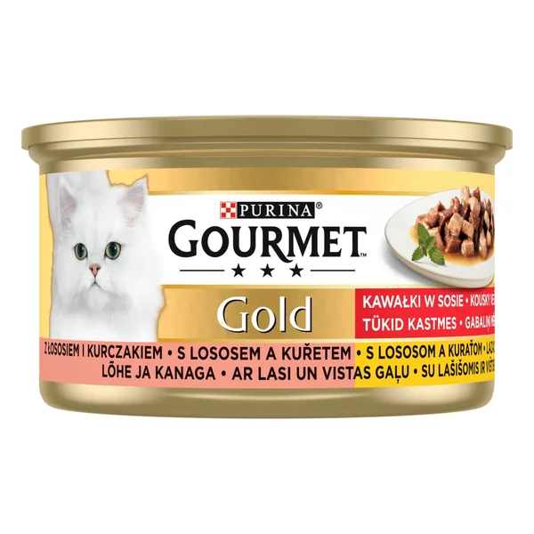 Kačių ėdalas su lašiša ir vištiena GOURMET GOLD,85g